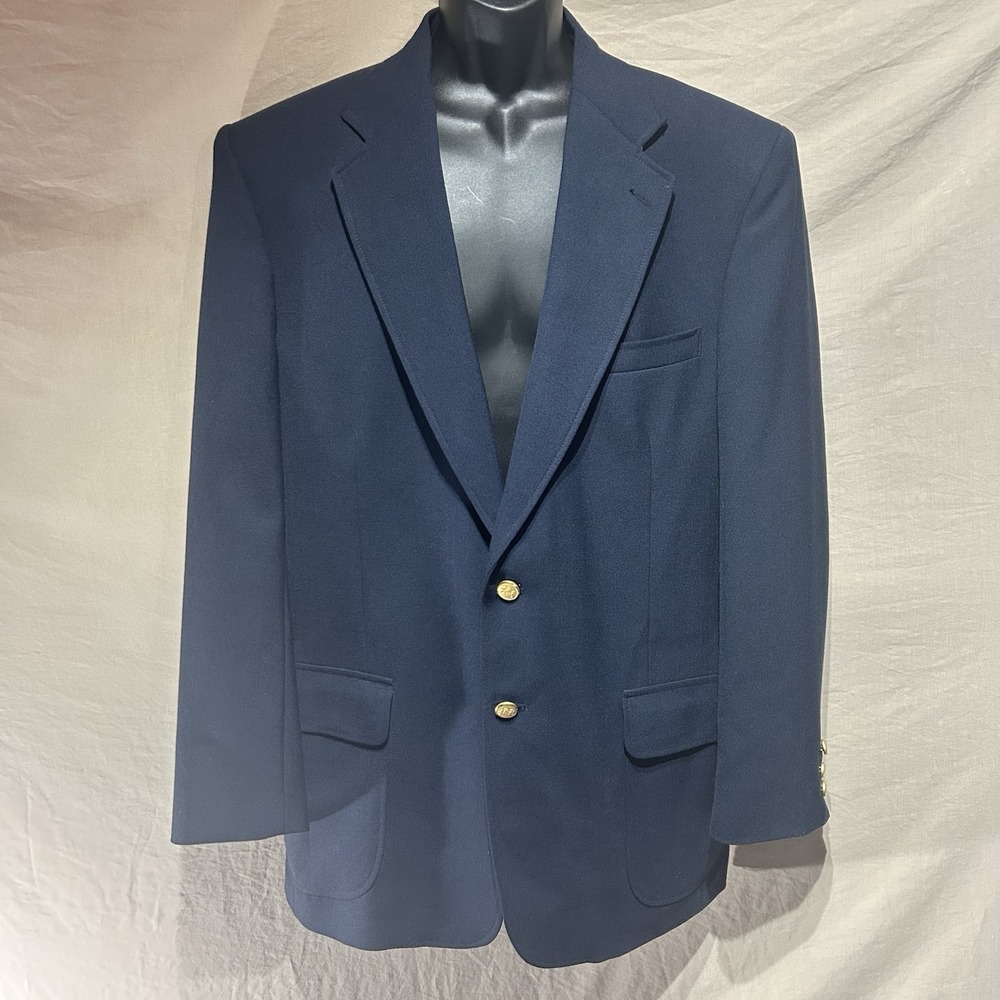 Stafford Suit Jacket Blazer 42L Navy Blue Poly Wool Blend 2 Button Brass Buttons